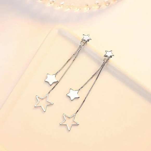 925 Sterling Silver Star Star Dangle Drop Earrings Star Long Tassel Earrings - Picture 3 of 5